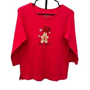 Alyssa Whitmore Womens Christmas Top Gingerbread Man Bow Design